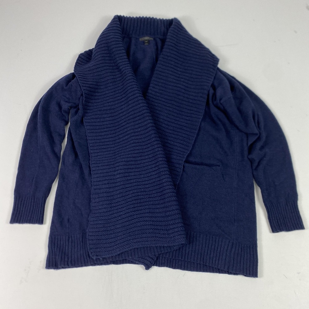 J Crew Cardigan Sweater Womens M/L Blue Open Front Shawl Collar Pockets Knit